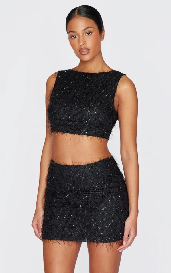 Tall Black Sequin Detail Open Back Crop Top