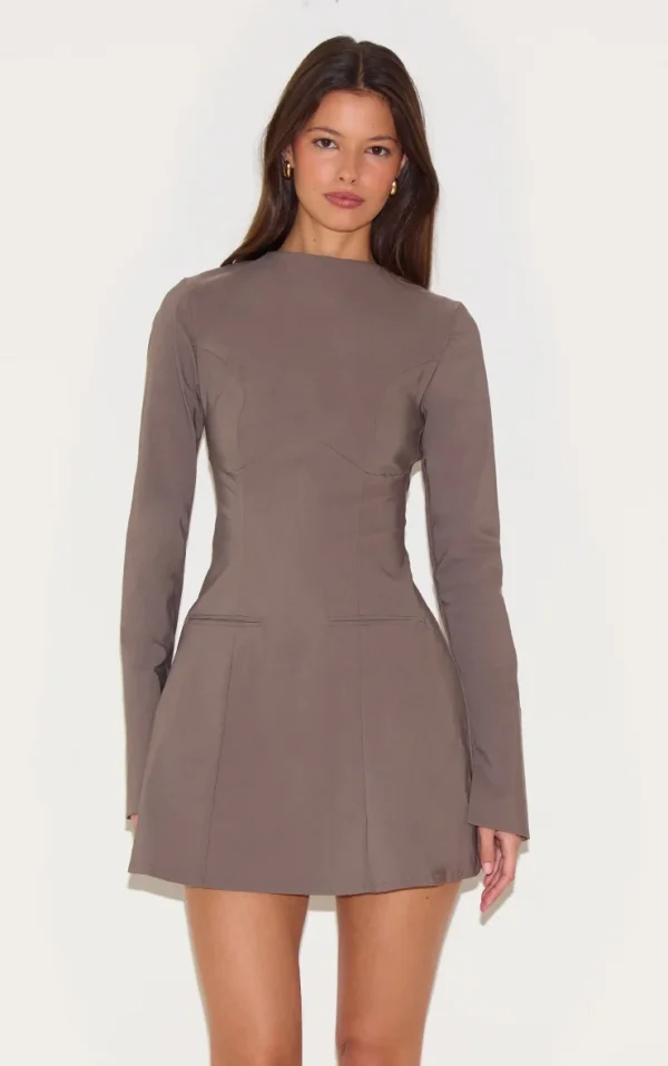 Mushroom Stretch Woven Boat Neck Flare Sleeve Shift Dress
