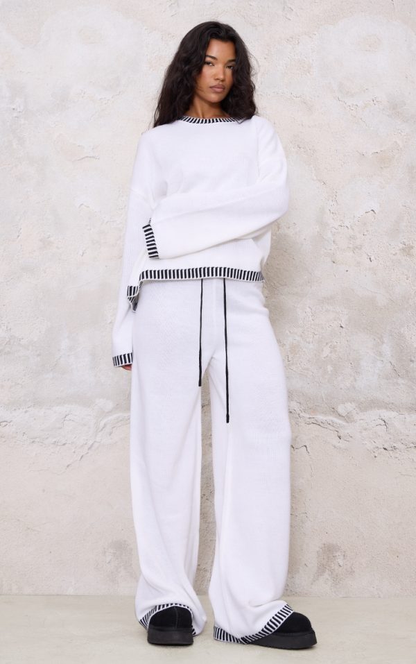Cream Contrast Stitch Detail Knit Drawstring Waist Pants