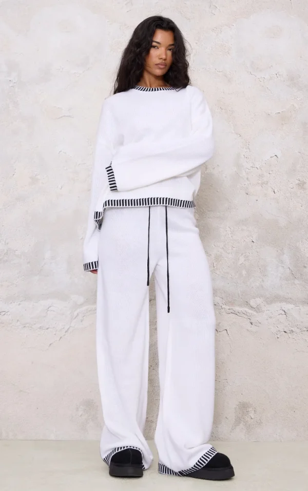 Cream Contrast Stitch Detail Knit Drawstring Waist Pants