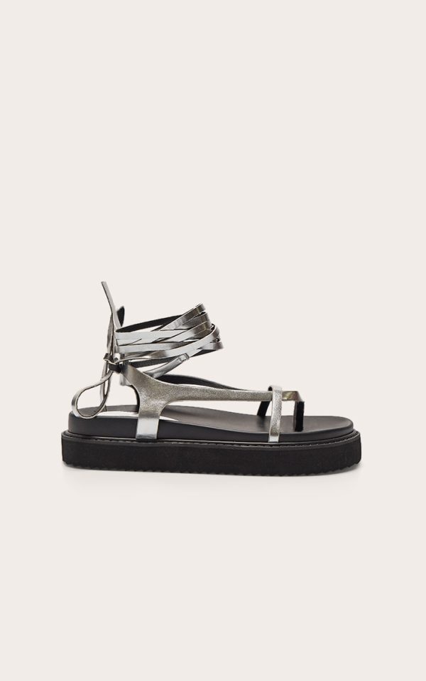 Silver Pu Wide Fit Round Toe Lace Up Footbed Sandals