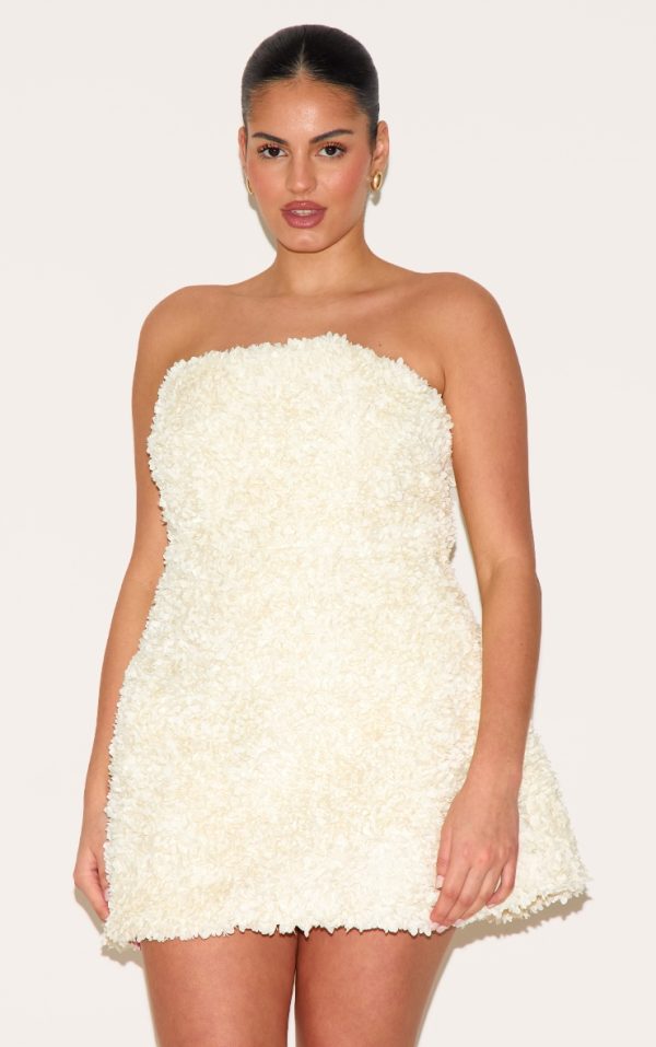 Plus Cream Floral Textured Bandeau Mini Dress