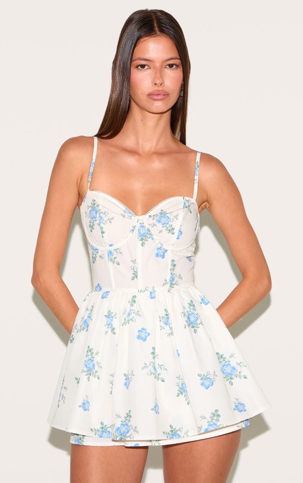 Cream Floral Print Corset Detail Floaty Skort Romper