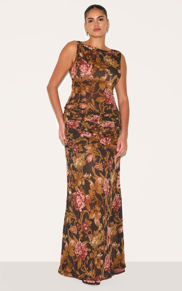 Plus Black Floral Printed Chiffon Ruched Detail Maxi Skirt