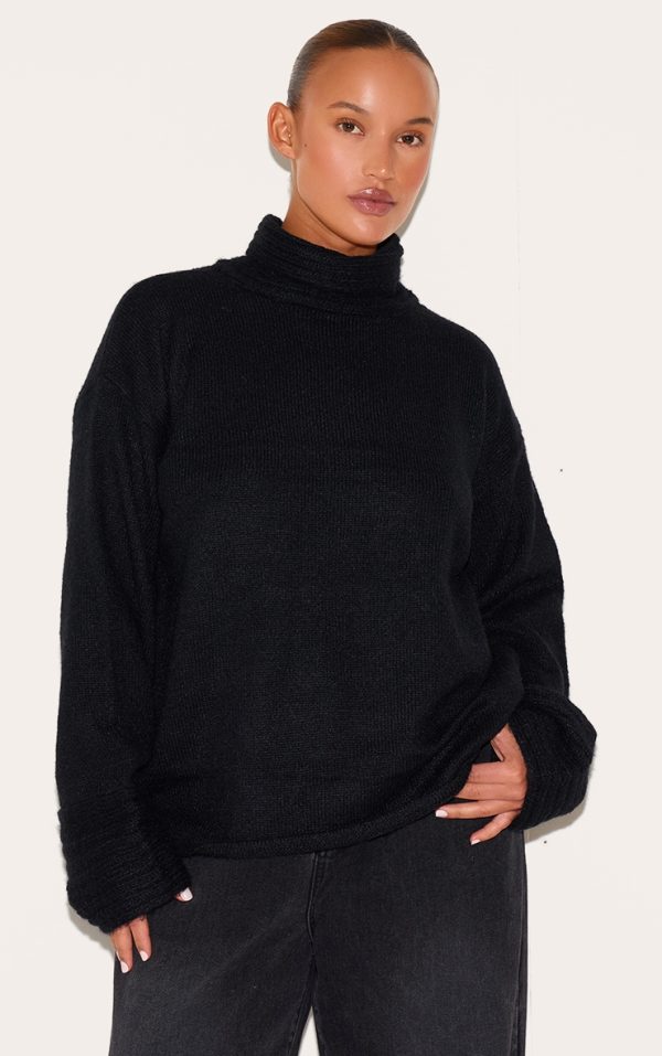 Plus Black Textured Knit Roll Neck Oversized Sweater