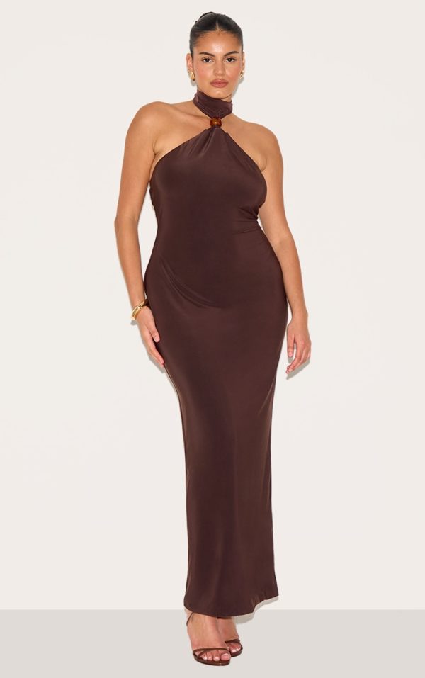 Plus Dark Chocolate Slinky Bead Detail Halter Maxi Dress