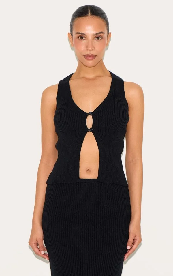 Petite Black Knitted Open Front Longline Vest