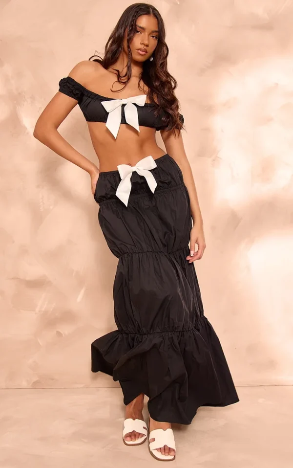 Black Woven Ruched Asymmetric Bow Detail Maxi Skirt