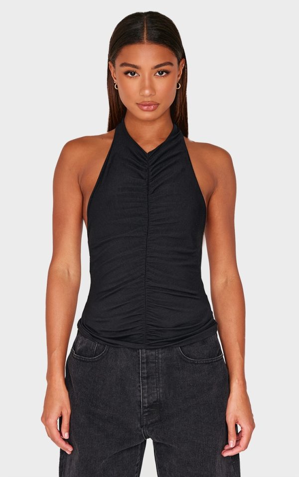 Black Contour Jersey Ruched Halter Neck Top