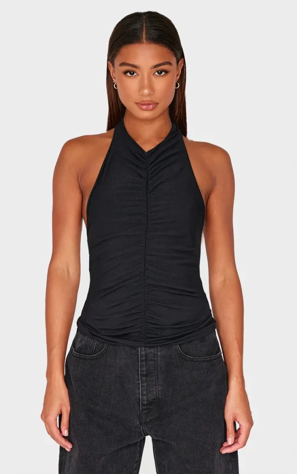 Black Contour Jersey Ruched Halter Neck Top