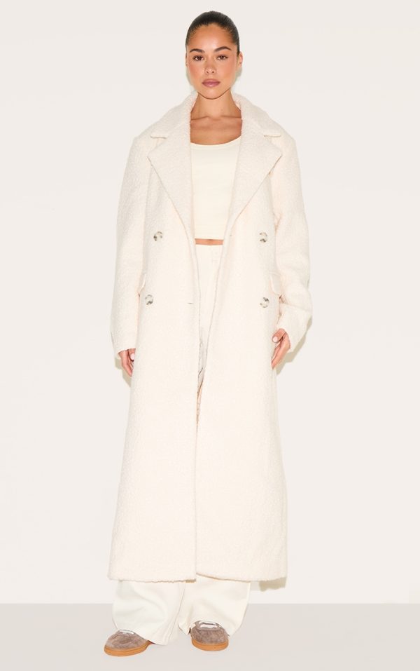 Ecru Boucle Double Breasted Structured Maxi Coat