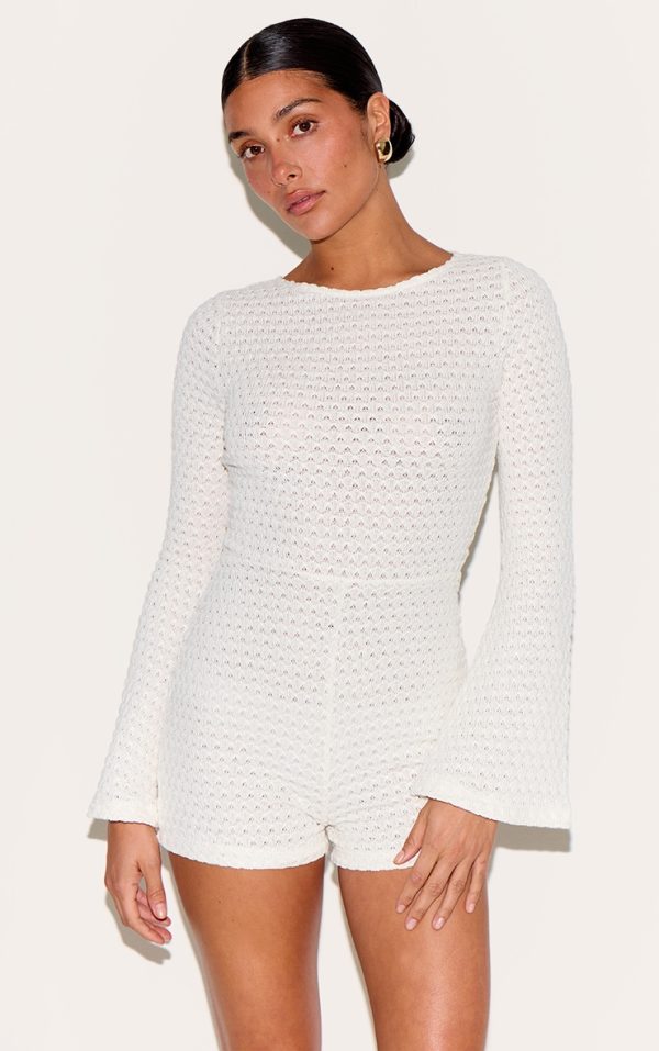 Petite Cream Textured Jersey Long Sleeve Unitard