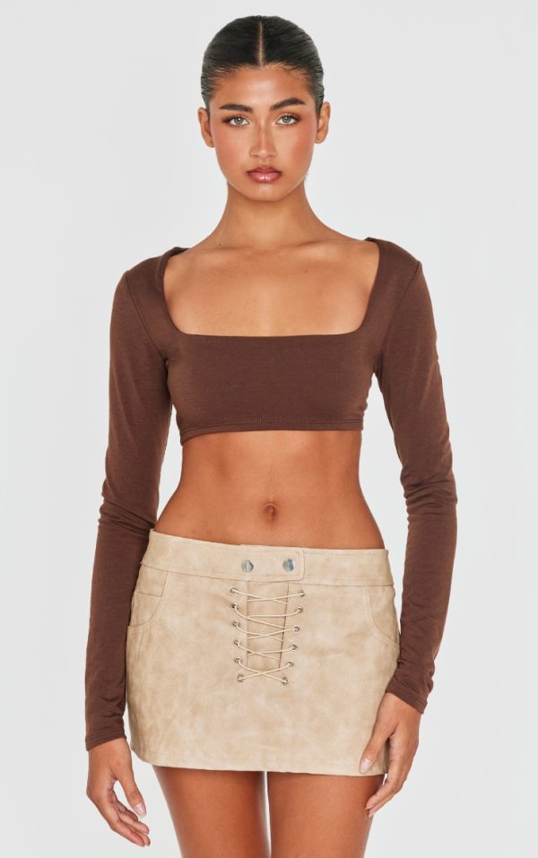 Brown Contour Jersey Square Neck Crop Top