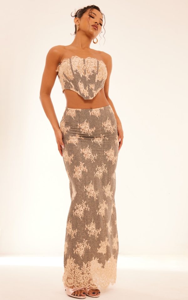 Grey Contrast Lace Detail Maxi Skirt