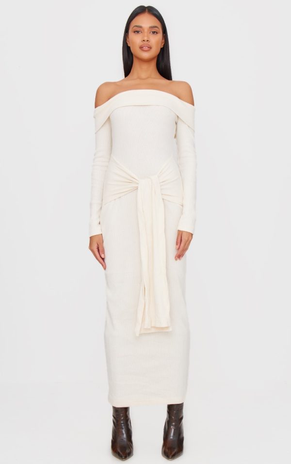 Cream Heavy Brushed Rib Bardot Wrap Detail Maxi Dress