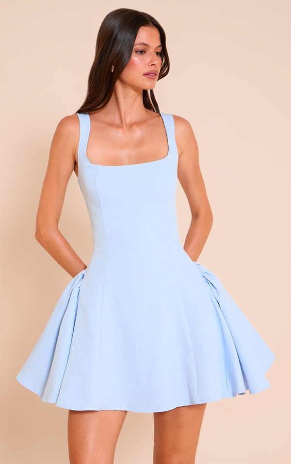 Pale Blue Woven Square Neck Shift Dress