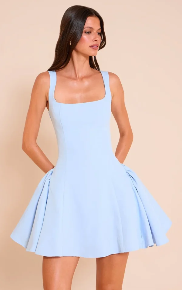 Pale Blue Woven Square Neck Shift Dress