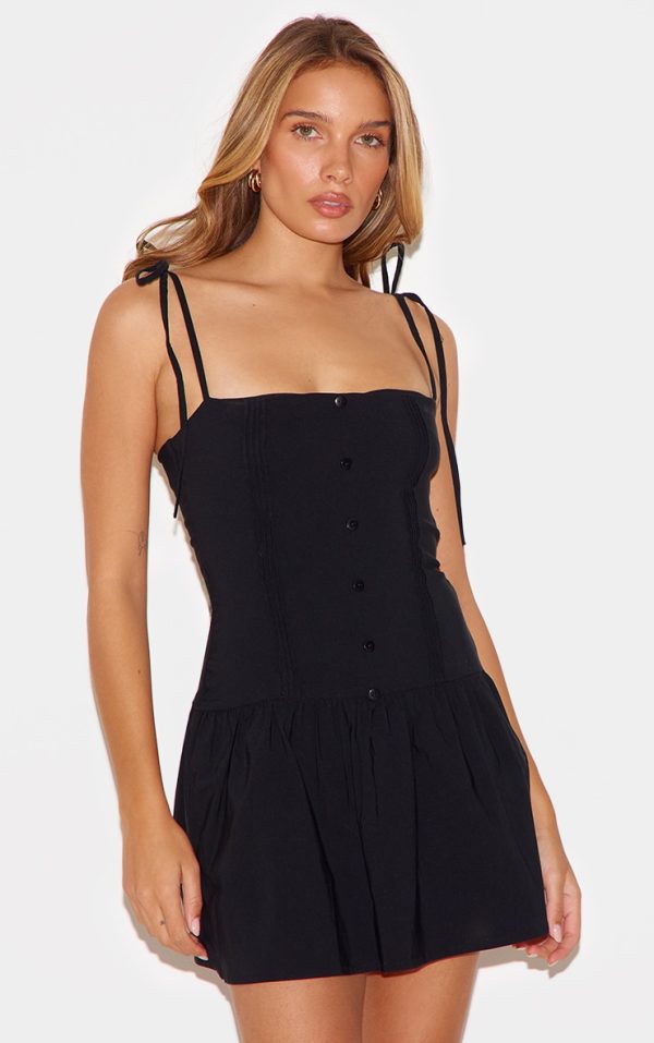 Black Stretch Woven Button Down Pleated Mini Dress