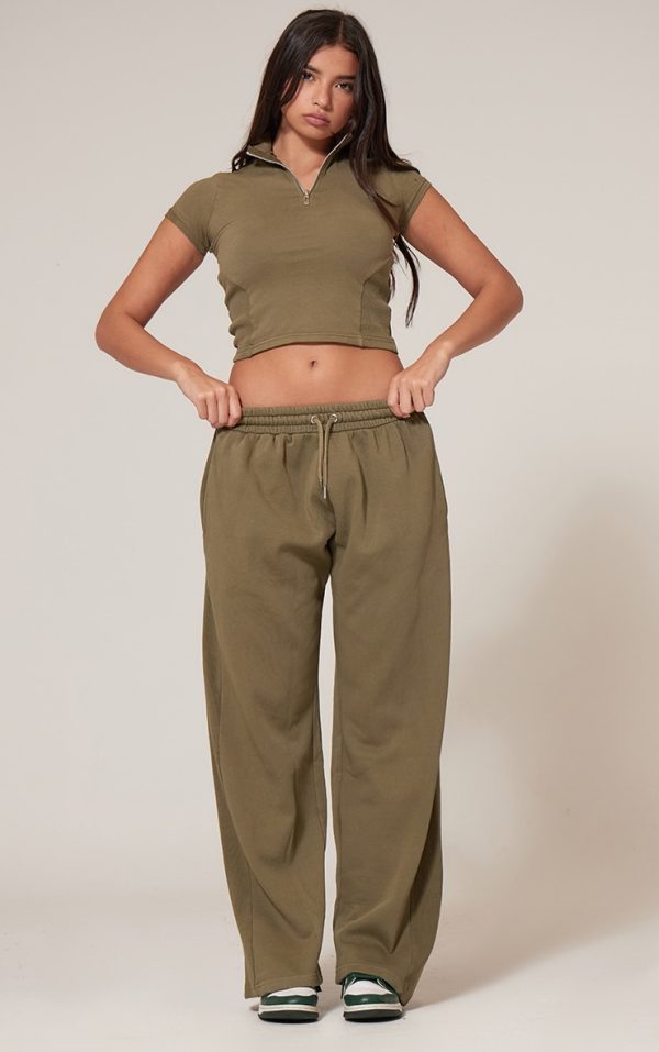 Olive Washed Rib Panel Wide Leg Sweatpants