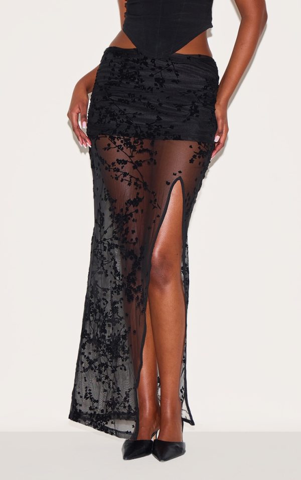 Black Devore Mesh Foldover Slit Maxi Skirt