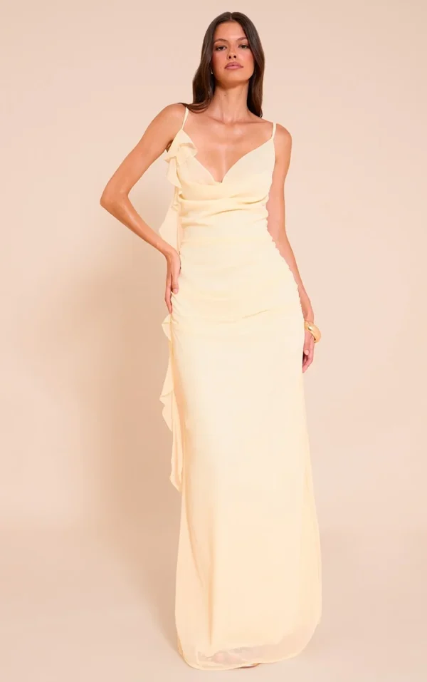 Lemon Chiffon Strappy Frill Detail Maxi Dress