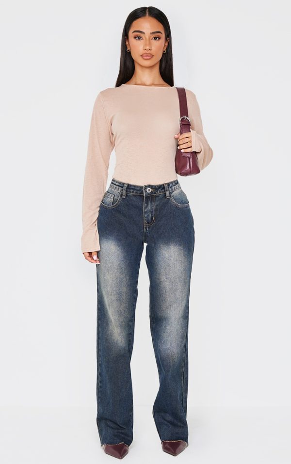Petite Grey Used Bleach Low Waist Straight Leg Jeans