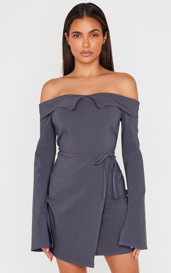 Charcoal Stretch Woven Fold Bardot Wrap Dress
