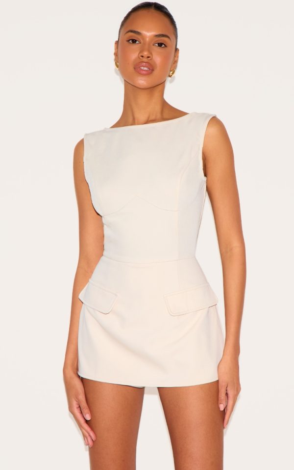 Almond Woven Pocket Detail Sleeveless Skort Romper