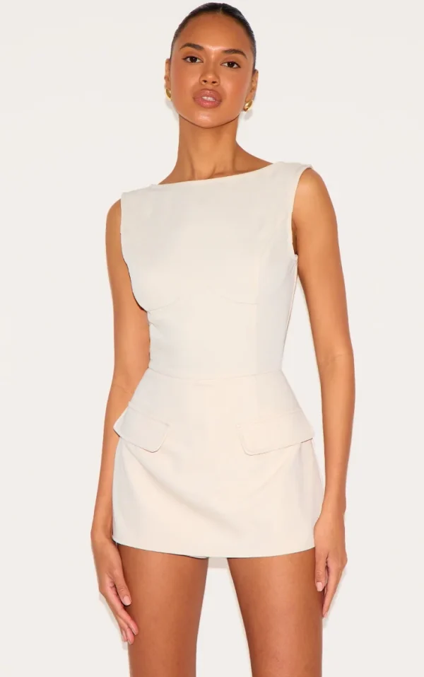 Almond Woven Pocket Detail Sleeveless Skort Romper