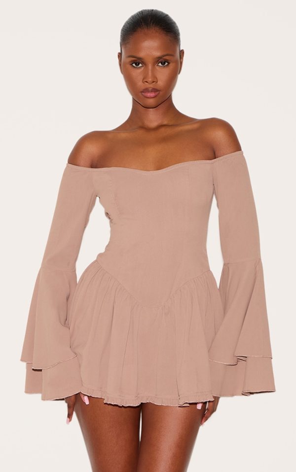 Taupe Bardot Flare Sleeve Romper
