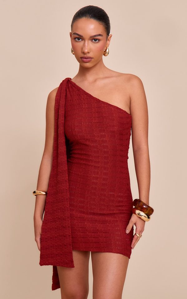 Rust Textured One Shoulder Drape Detail Bodycon Dress