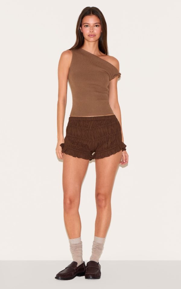 Chocolate Linen Blend Ruched Bloomer Shorts