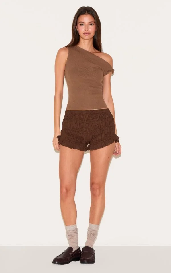 Chocolate Linen Blend Ruched Bloomer Shorts