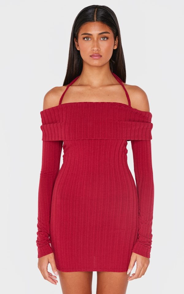 Burgundy Rib Bardot Fold Over Bodycon Dress