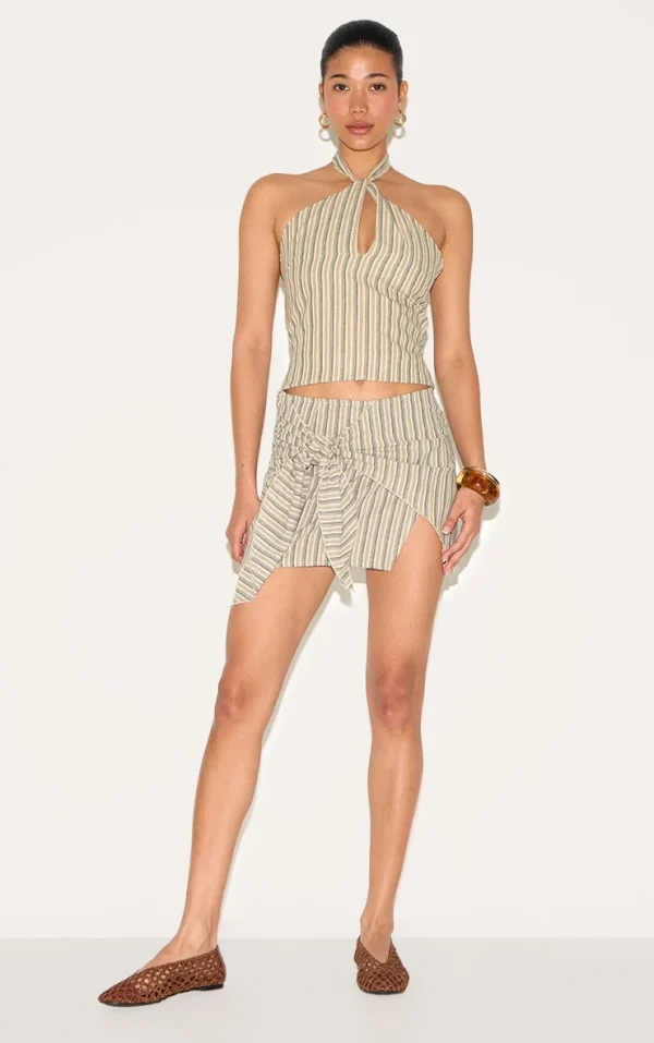 Stone Pinstripe Cotton Knot Front Mini Skirt