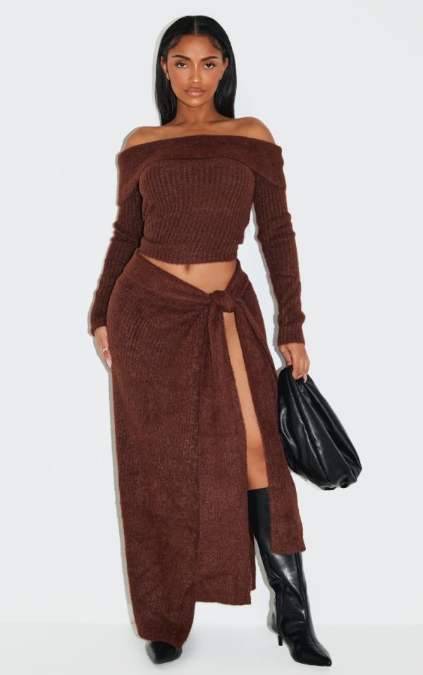 Shape Brown Knot Rib Knit Maxi Skirt