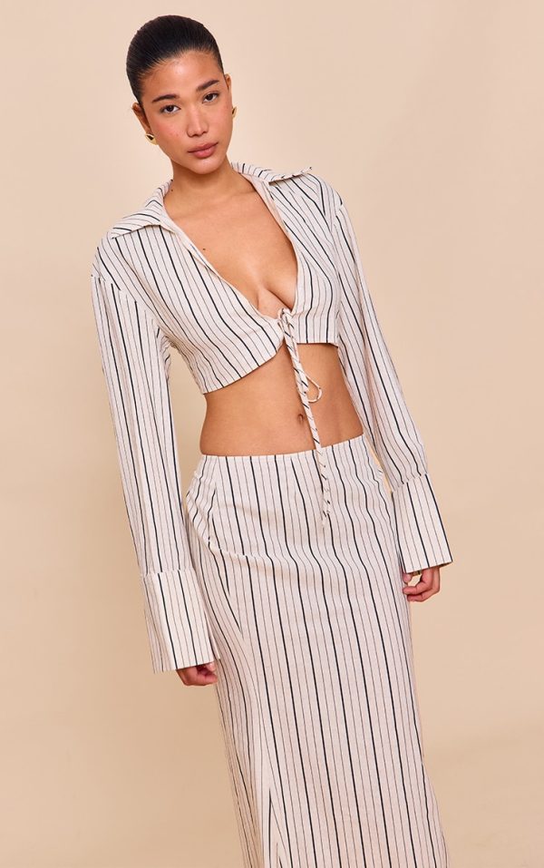 Sand Striped Linen-Blend Tie Front Cropped Shirt