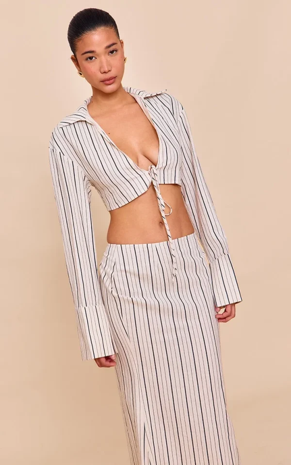 Sand Striped Linen-Blend Tie Front Cropped Shirt