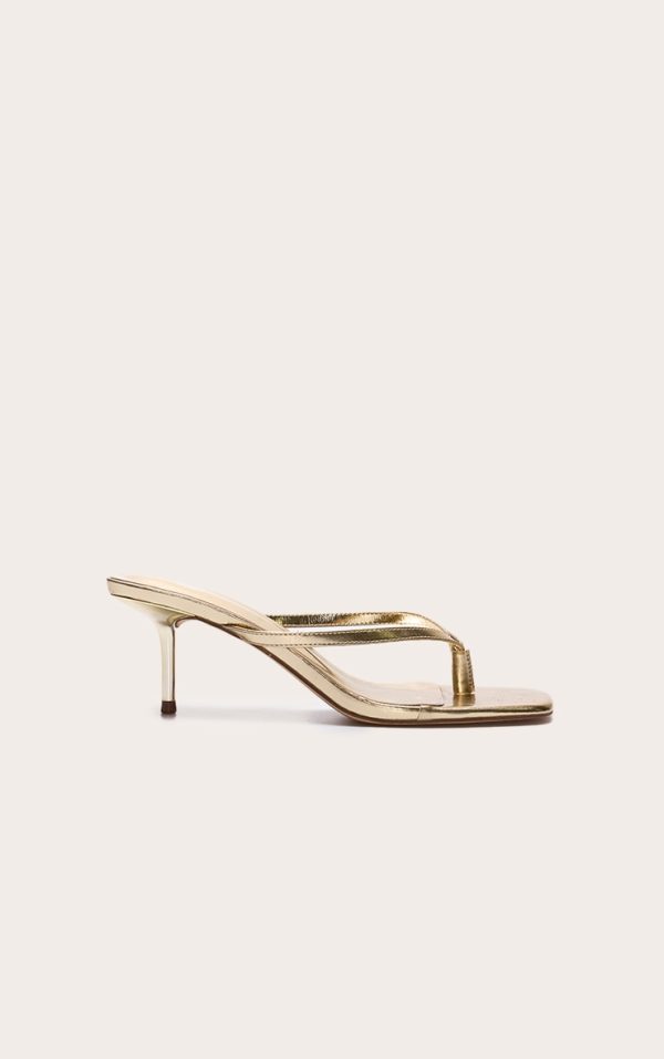 Gold Pu Square Toe Thong Mid Stiletto Heeled Mules