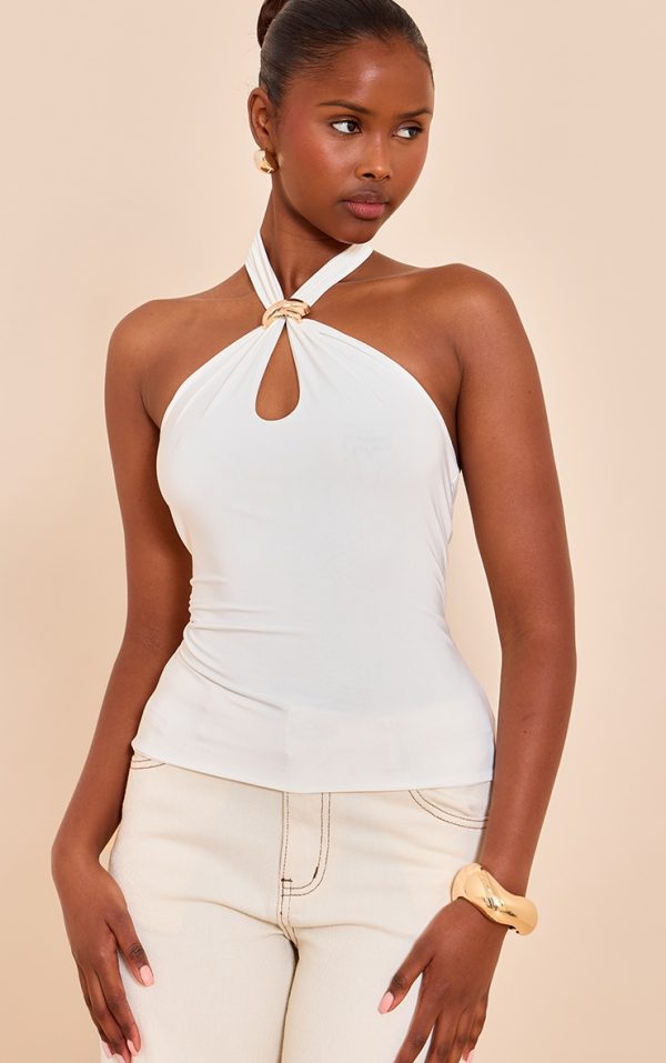 Cream Double Layer Slinky Trim Halter Neck Long Top