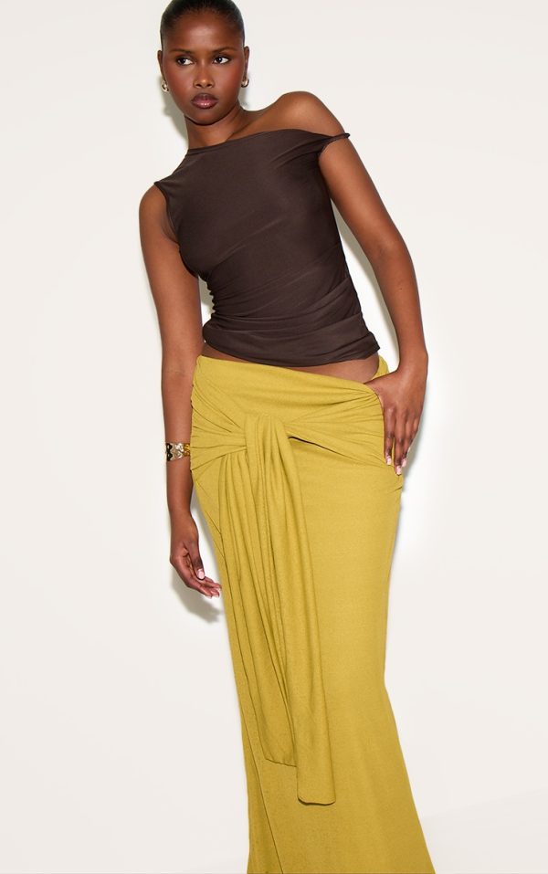 Olive Double Layer Burnout Mesh Wrap Front Maxi Skirt