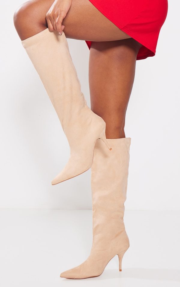 Beige Faux Suede Point Toe Mid Heeled Knee High Boots