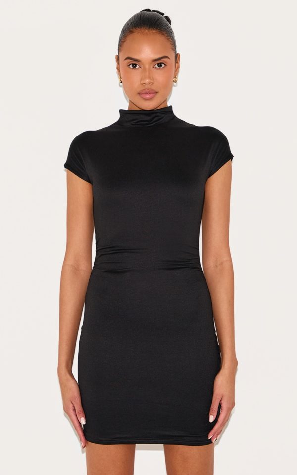 Black Double Contour Ruched Detail Cap Sleeve Bodycon Dress