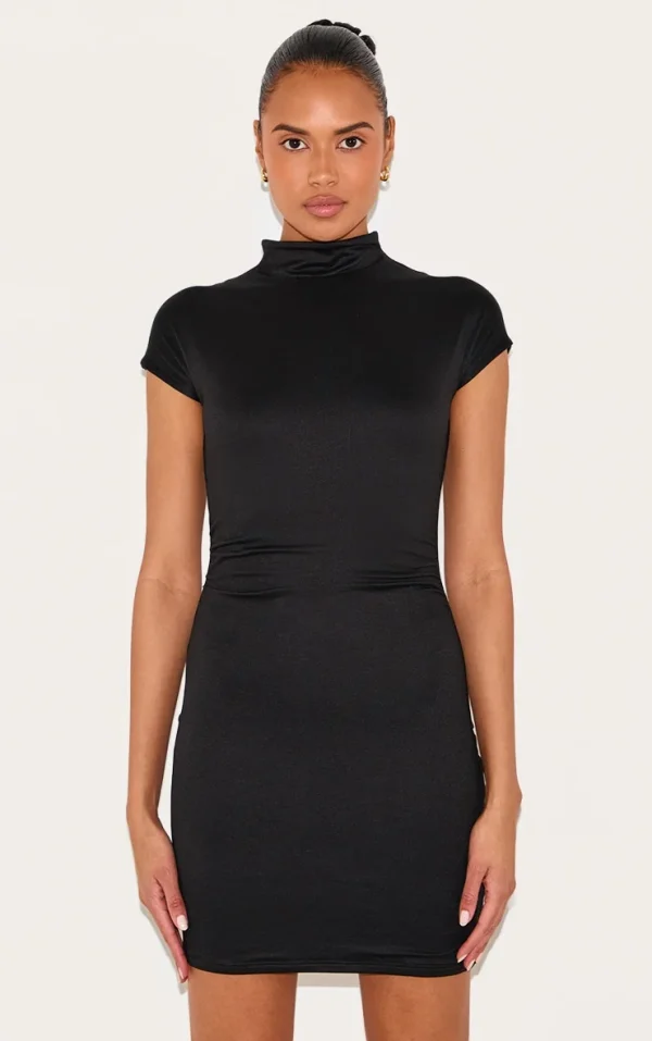 Black Double Contour Ruched Detail Cap Sleeve Bodycon Dress