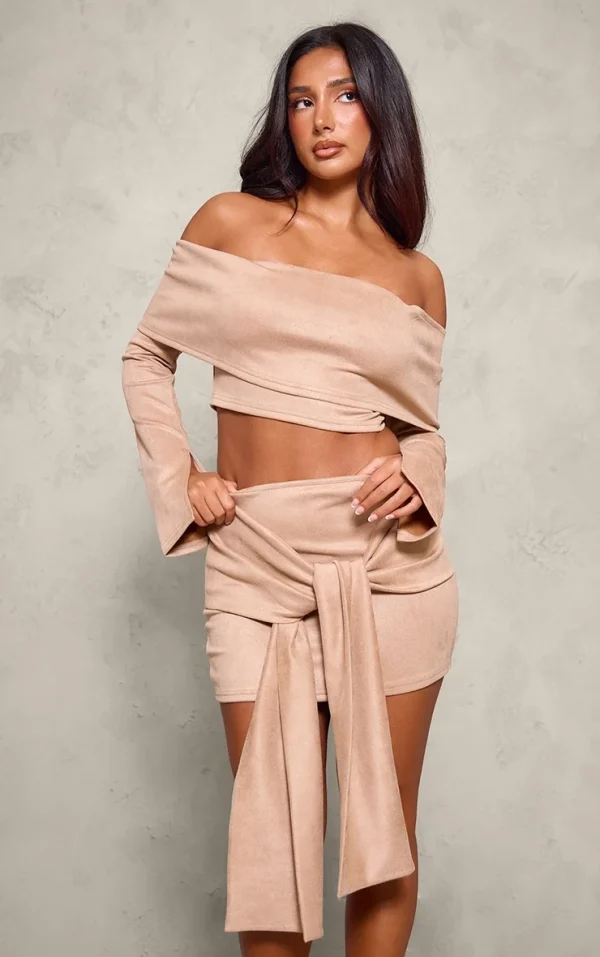 Petite Light Brown Faux Suede Long Sleeve Off The Shoulder Crop Top