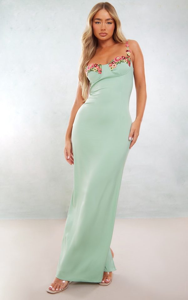 Sage Green Satin Floral Applique Underwired Strappy Maxi Dress