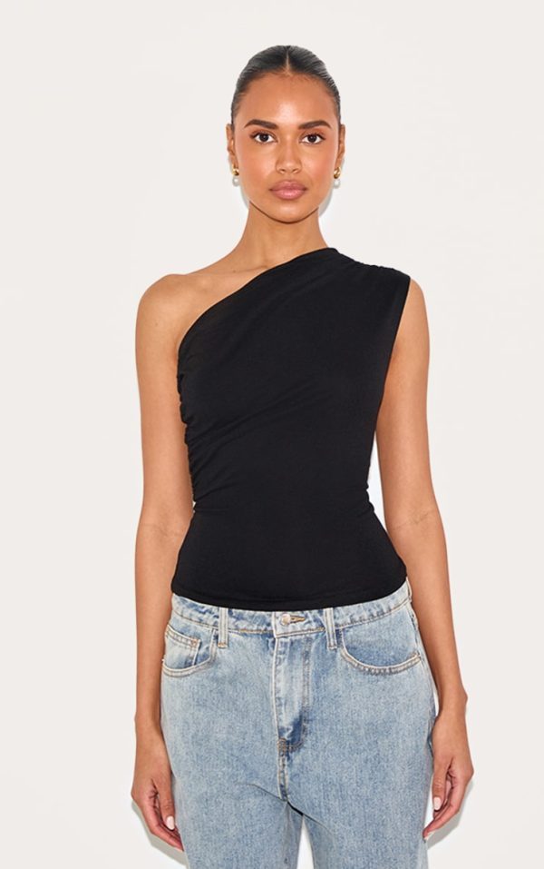 Black Soft Cotton Asymmetric One Shoulder Long Top