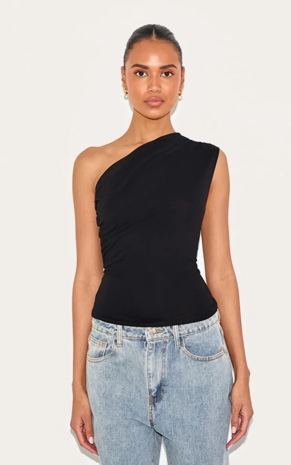 Black Soft Cotton Asymmetric One Shoulder Long Top