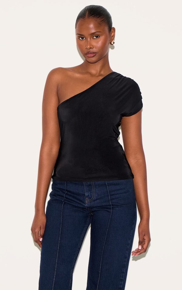 Black Slinky One Shoulder Detail Long Top