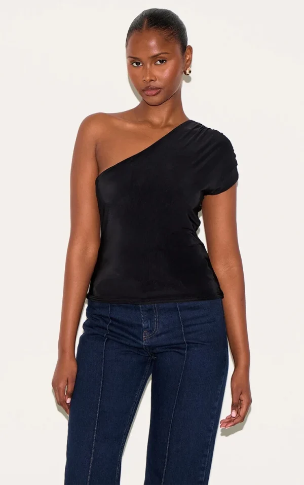 Black Slinky One Shoulder Detail Long Top